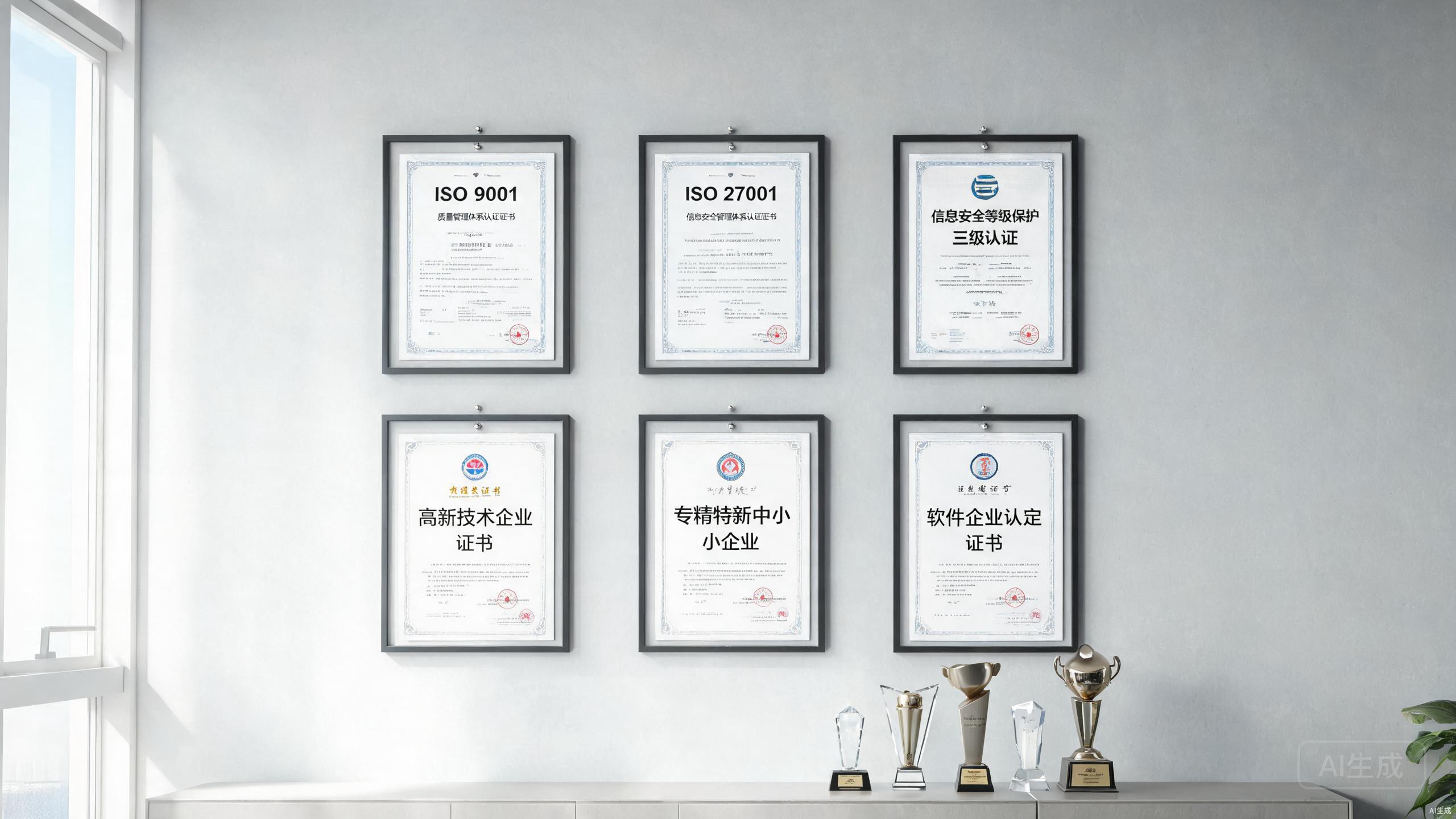 荣誉资质 - ISO/等保/高新企业证书展示墙